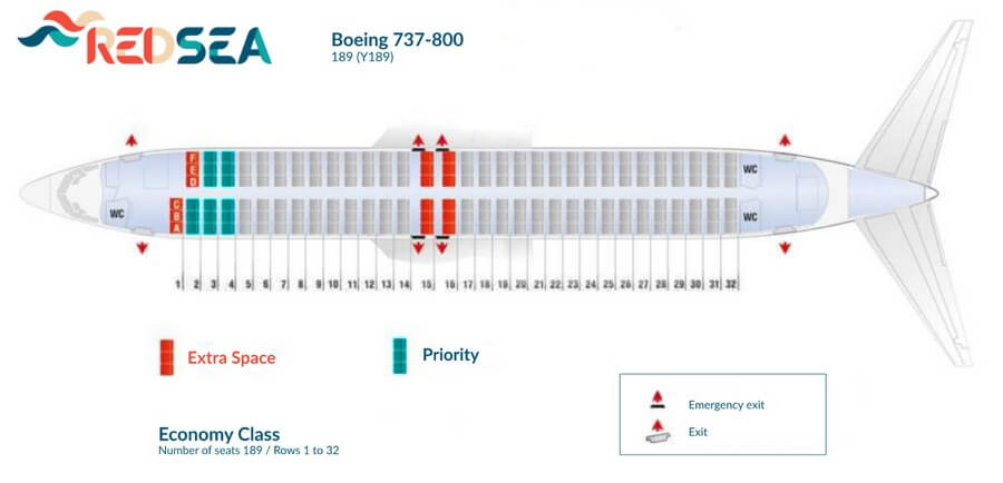 Схема мест Boeing 737-800 Red Sea Airlines: ряды 1–32, места Extra Space и Priority, аварийные выходы